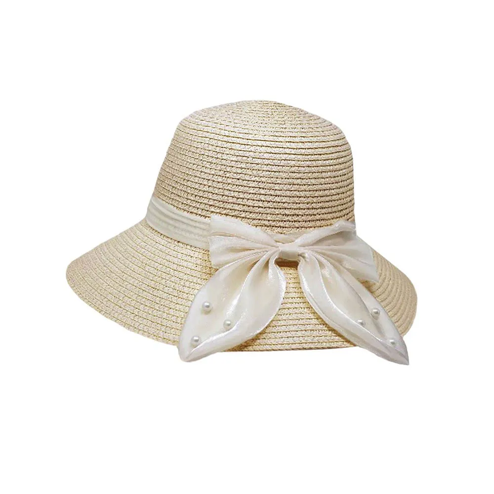 Pearl Pointed Bow Band Straw Sun Hat