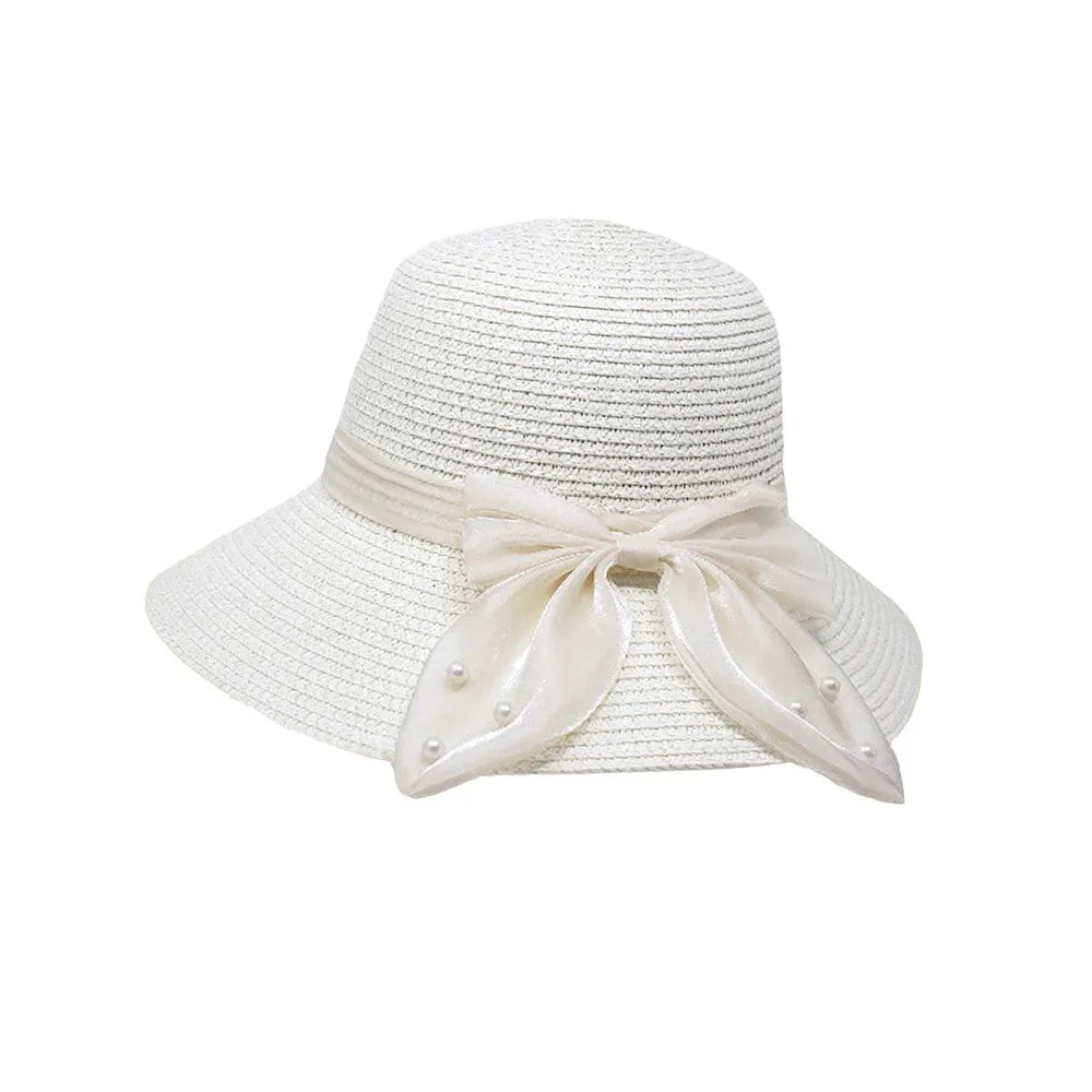 Pearl Pointed Bow Band Straw Sun Hat