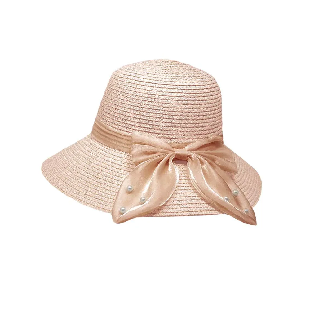 Pearl Pointed Bow Band Straw Sun Hat