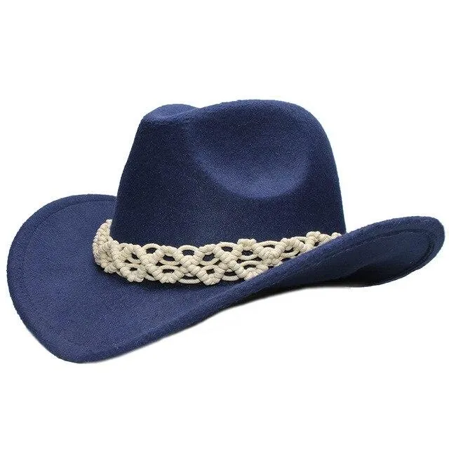 Retro Parent-Child Wool Cowboy Hat with White Hollow-out Knit Band