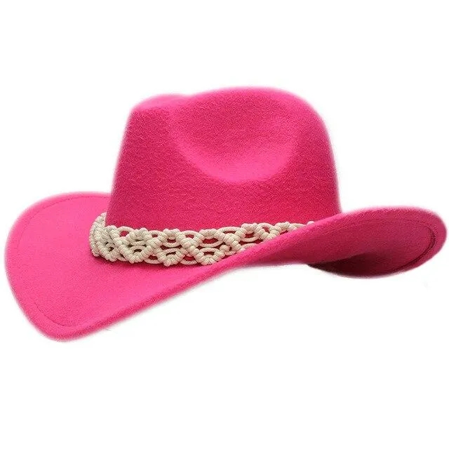 Retro Parent-Child Wool Cowboy Hat with White Hollow-out Knit Band