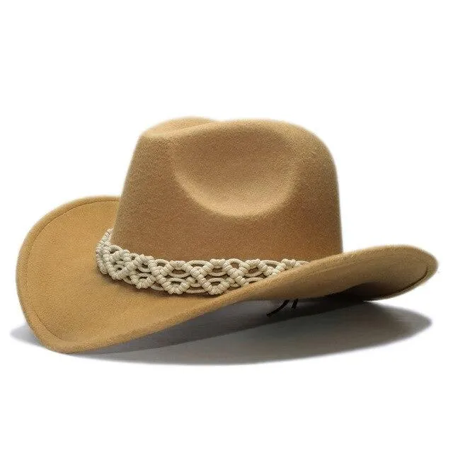 Retro Parent-Child Wool Cowboy Hat with White Hollow-out Knit Band