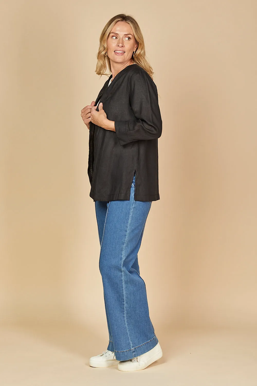 Short Linen Duster Jacket in Black