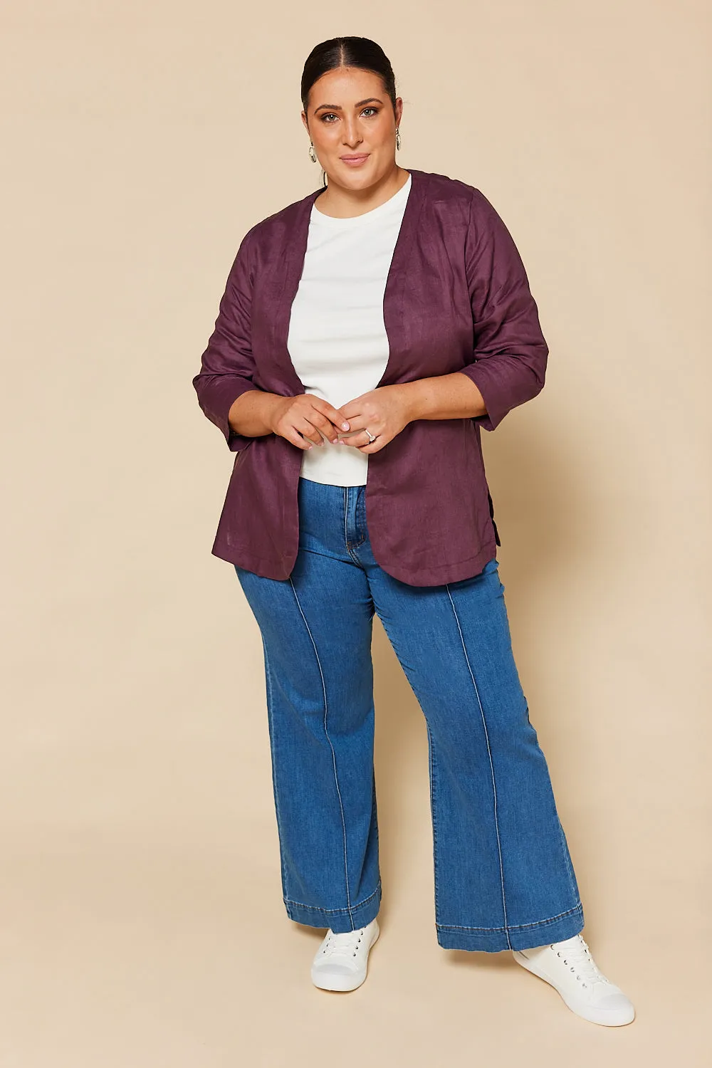 Short Linen Duster Jacket in Plum