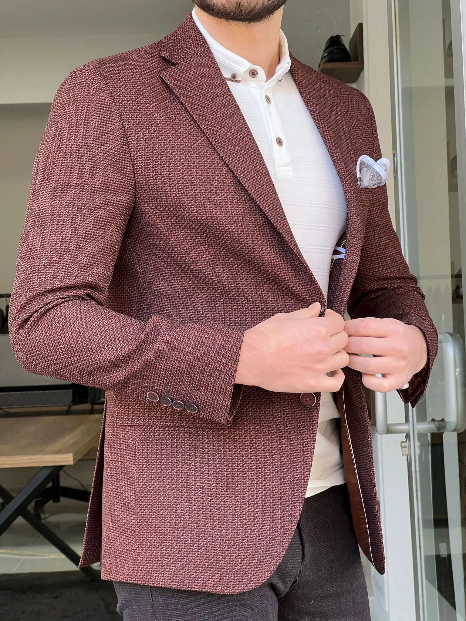 Slim Fit Knitted Brown Jacket