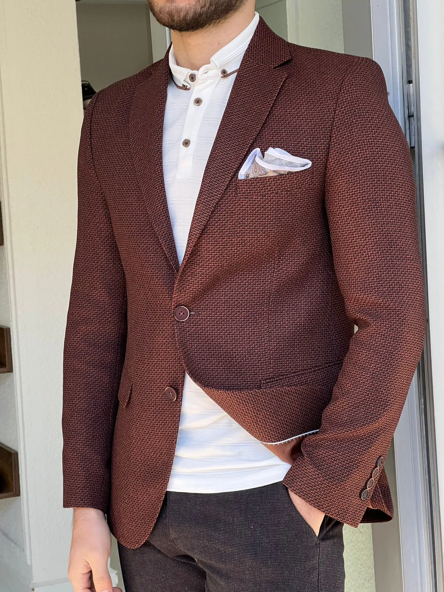 Slim Fit Knitted Brown Jacket