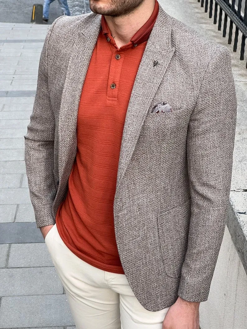 Slim Fit Knitted Textured Brown Blazer