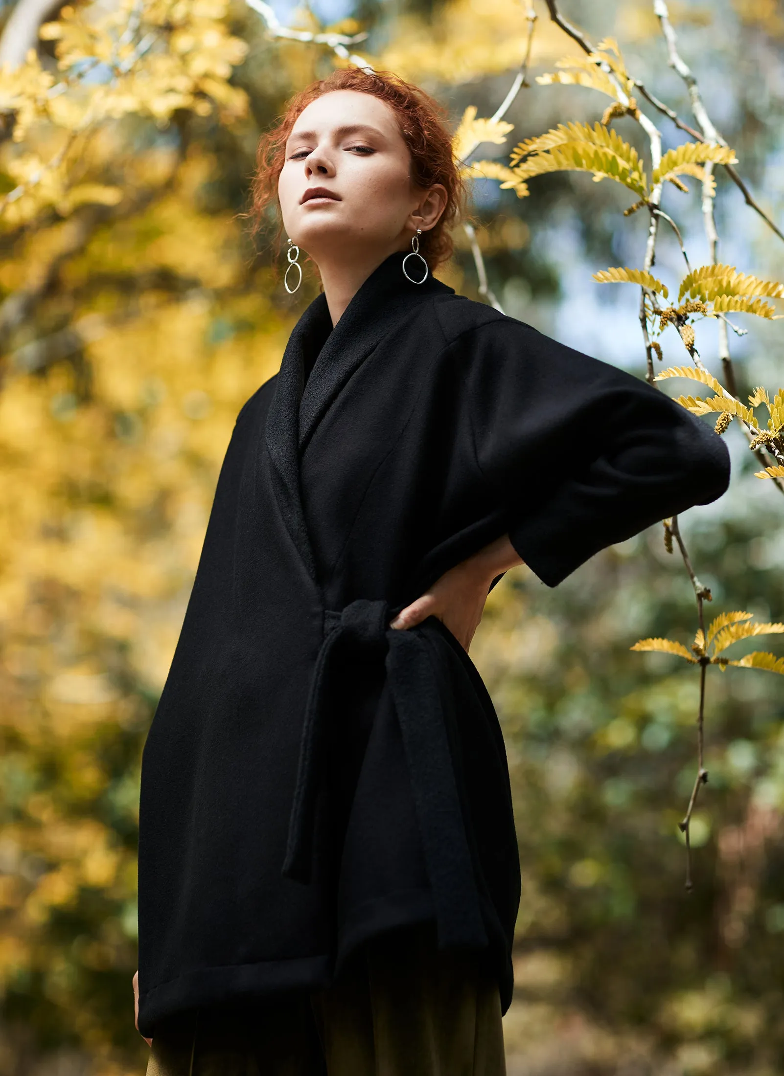 TRUFFLE COAT [ Black Wool Blend, Waist Tie Jacket ]