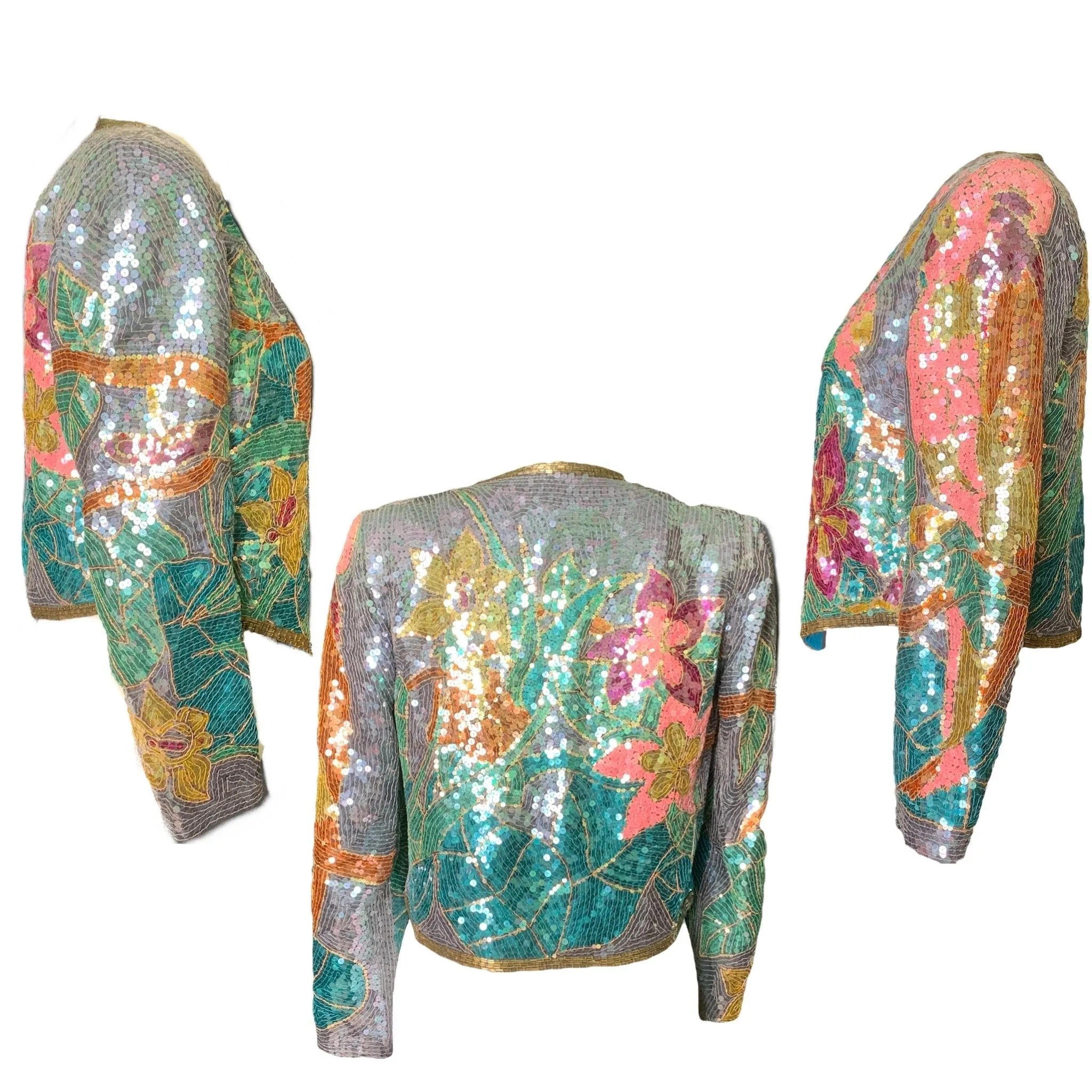 Vintage 1980s Sequin Bolero Jacket in a Vibrant Floral by Jack Bryan. Statement Piece. Sustainable Clothing.