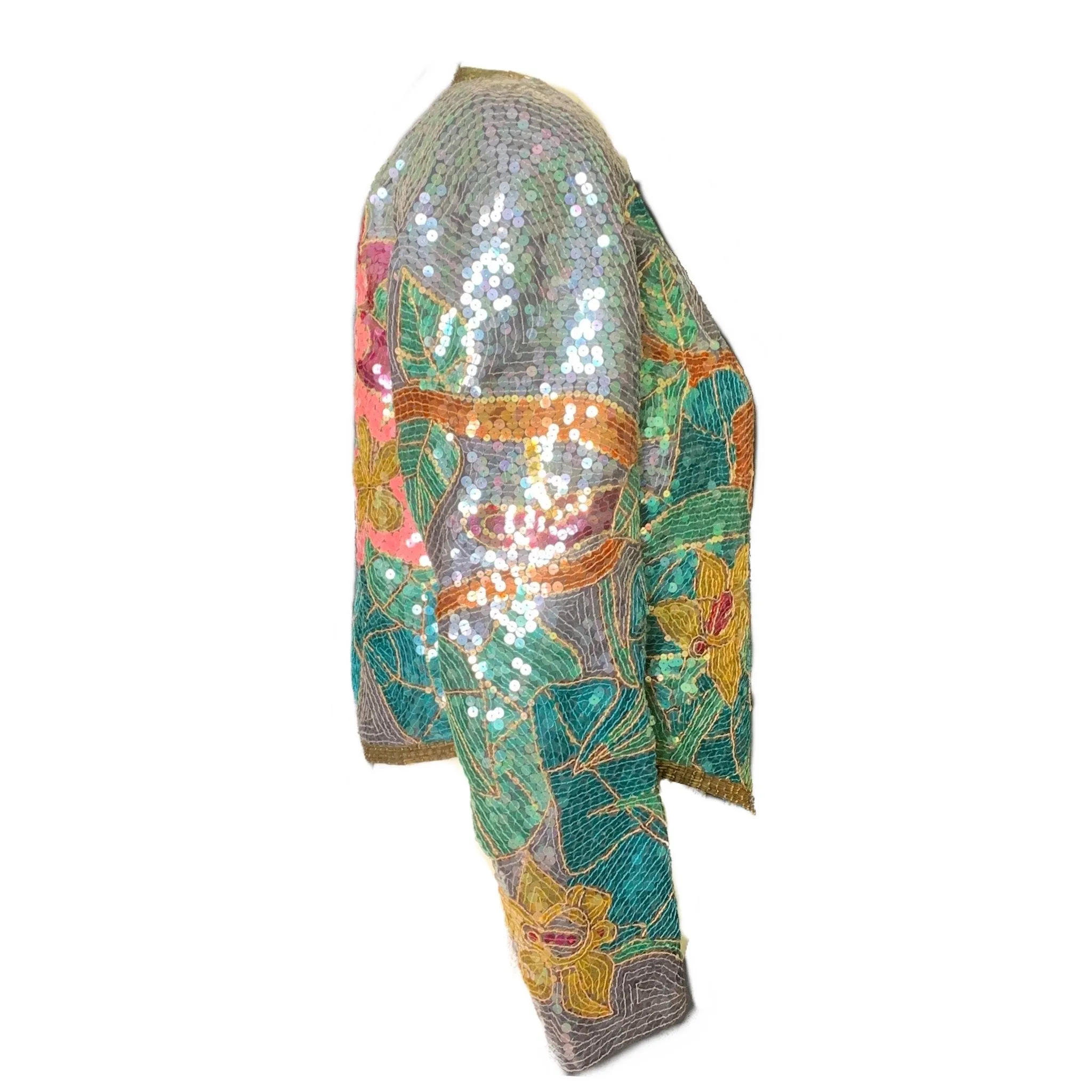 Vintage 1980s Sequin Bolero Jacket in a Vibrant Floral by Jack Bryan. Statement Piece. Sustainable Clothing.