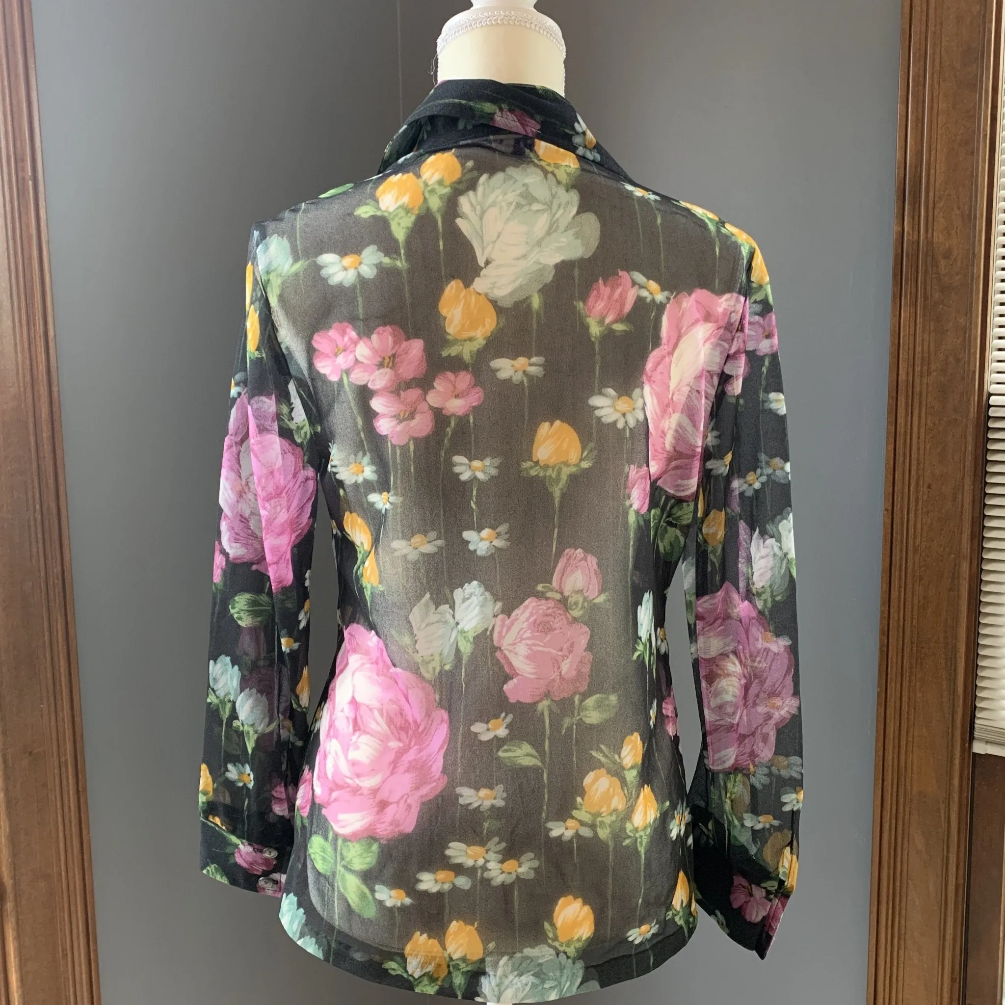 Vintage Black Sheer Floral Blouse or Jacket by Three Flagg. Vintage Fashion Statement Piece.