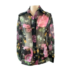 Vintage Black Sheer Floral Blouse or Jacket by Three Flagg. Vintage Fashion Statement Piece.