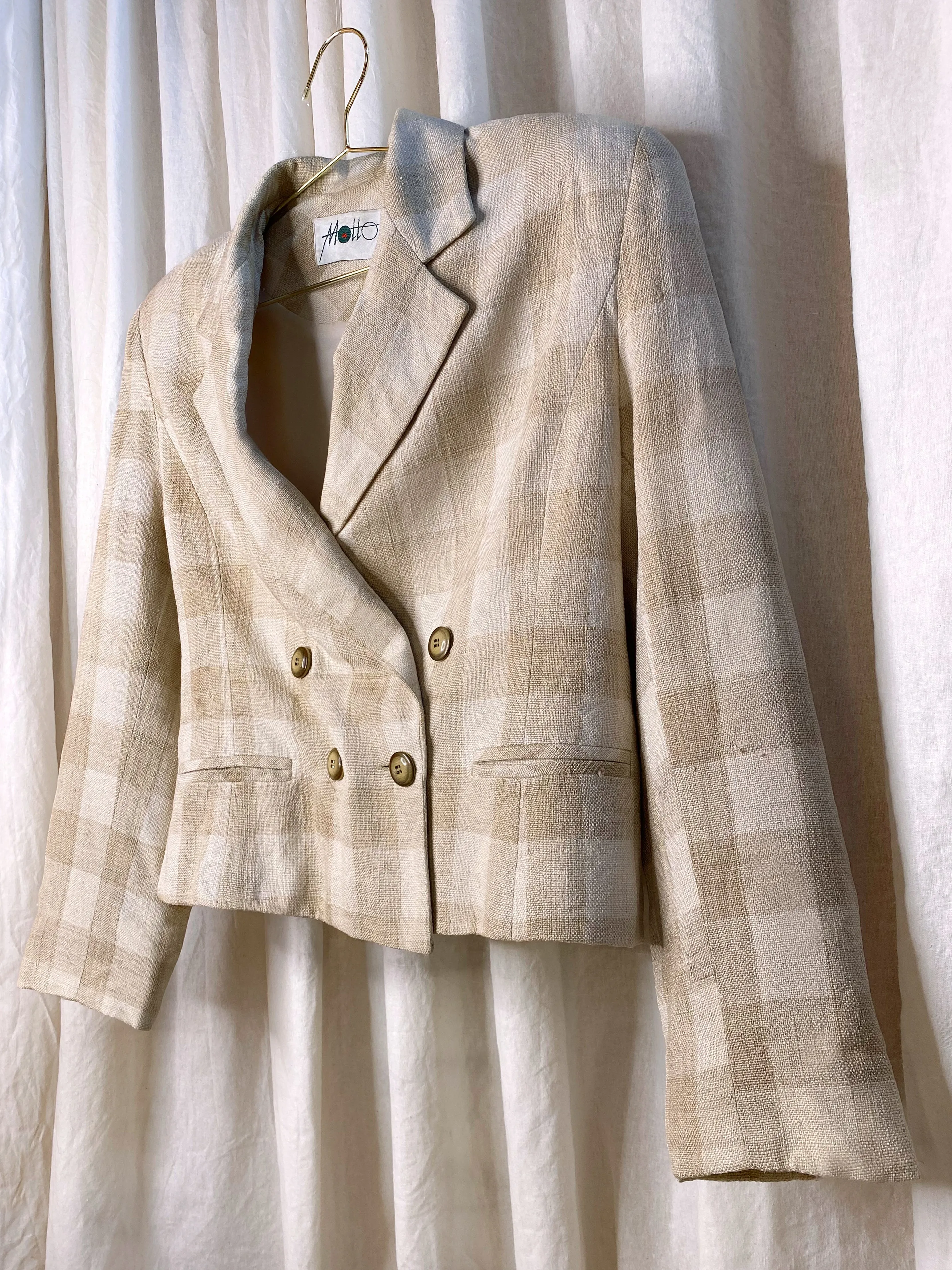 VINTAGE HANDWOVEN SILK GINGHAM JACKET [ Natural Cream & Beige, Size Small / Medium ]