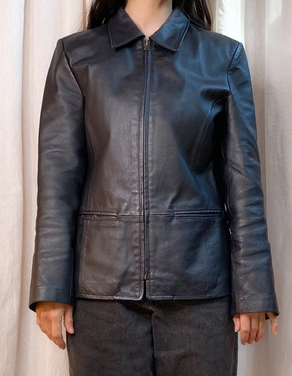 VINTAGE ZIP UP LEATHER JACKET [ Black, Size Small / Medium ]