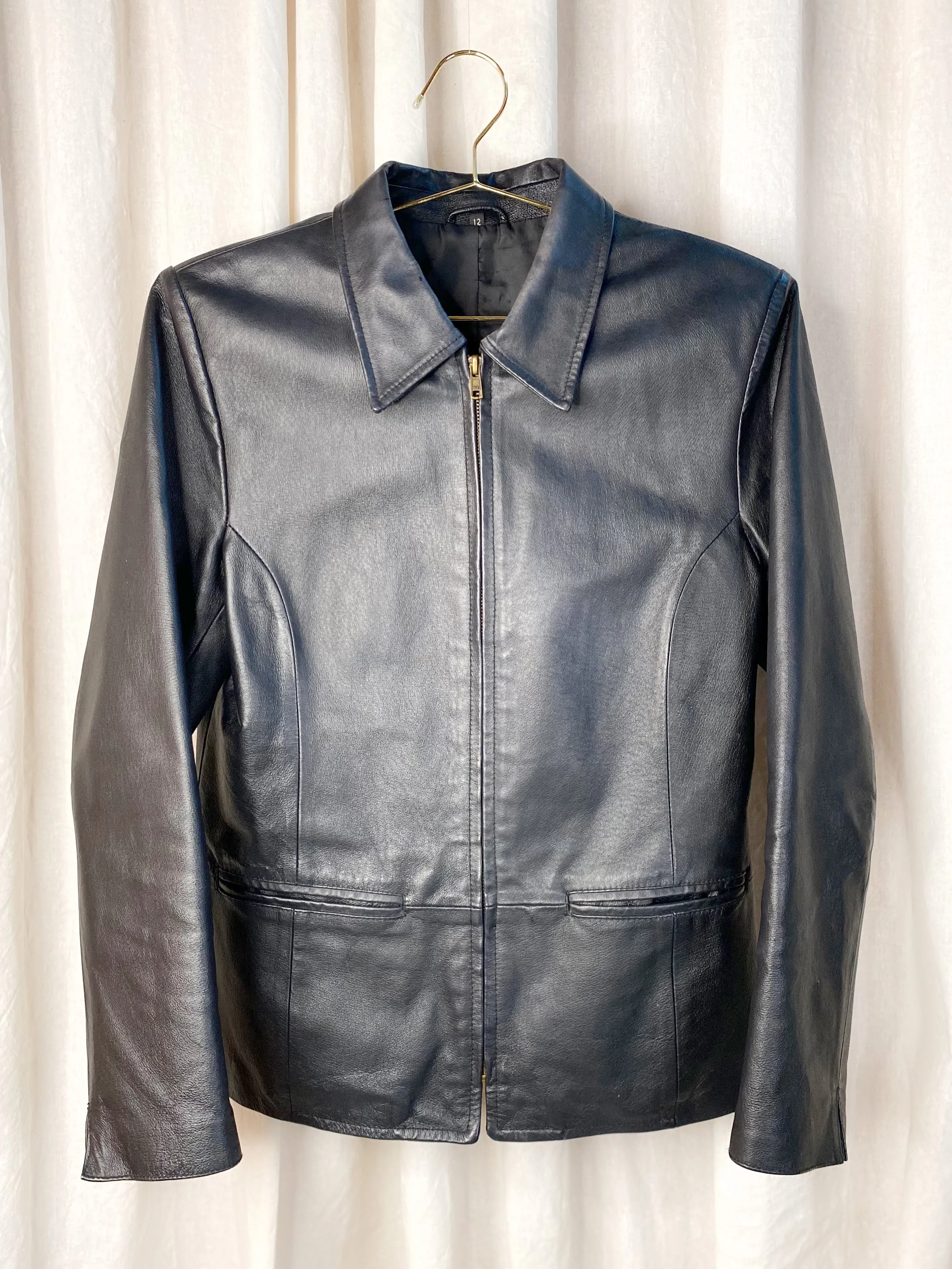 VINTAGE ZIP UP LEATHER JACKET [ Black, Size Small / Medium ]