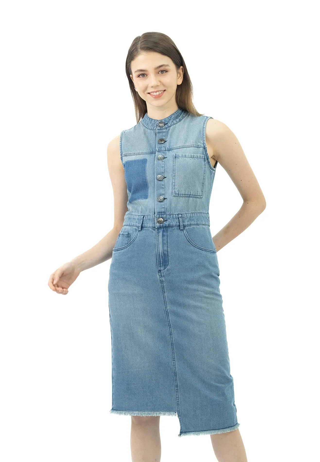 VOIR JEANS Button Front Sleeveless Denim Dress