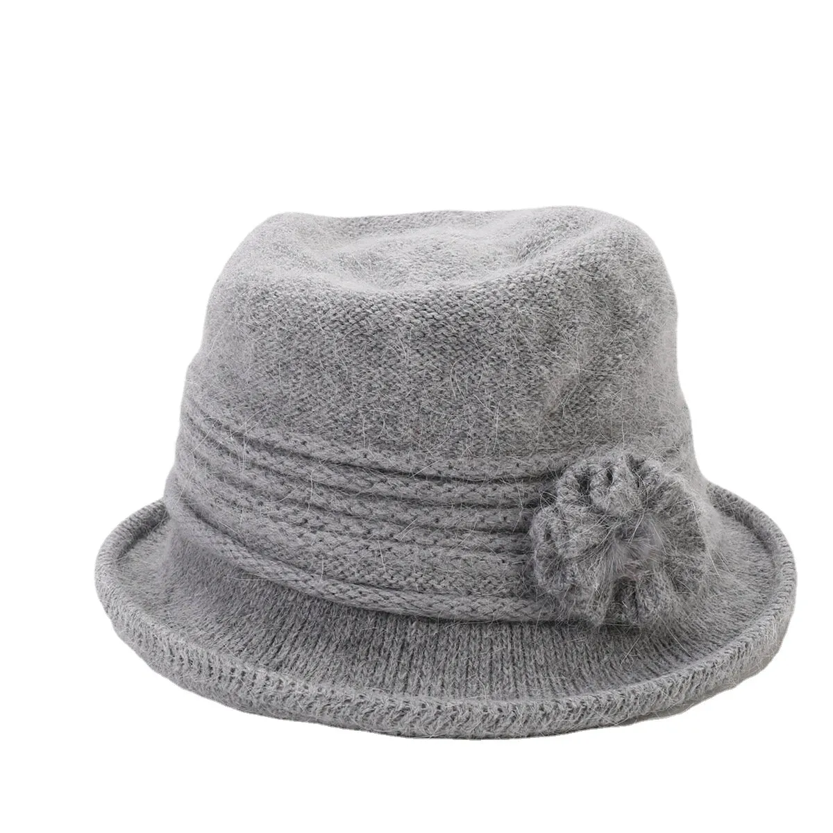 Women Rabbit Hair Plus Thicken Warm Flower Decoration Fashion Casual Knitted Hat Bucket Hat