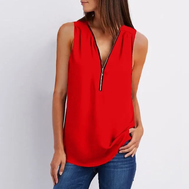 Women Spring Summer Chiffon Blouse Top V Collar Zipper Roll Up