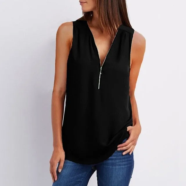 Women Spring Summer Chiffon Blouse Top V Collar Zipper Roll Up