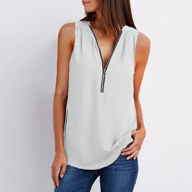 Women Spring Summer Chiffon Blouse Top V Collar Zipper Roll Up