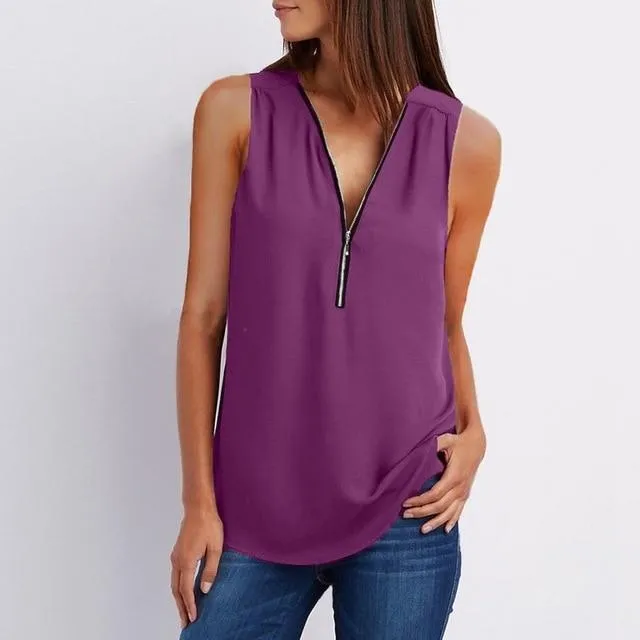 Women Spring Summer Chiffon Blouse Top V Collar Zipper Roll Up