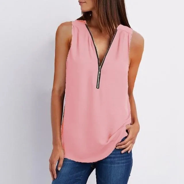 Women Spring Summer Chiffon Blouse Top V Collar Zipper Roll Up