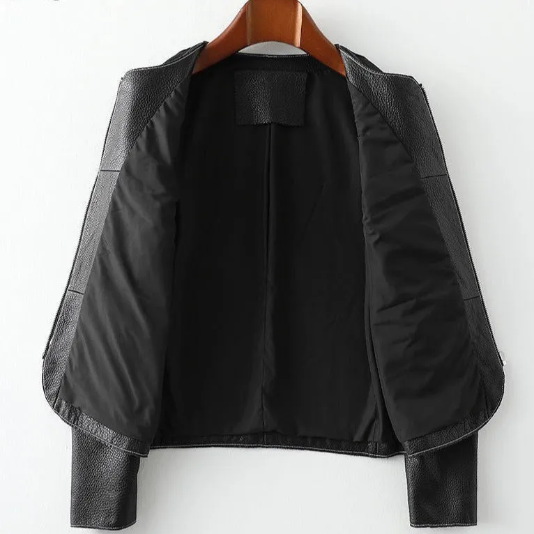 Women's New Round Neck Short Leather Jacket